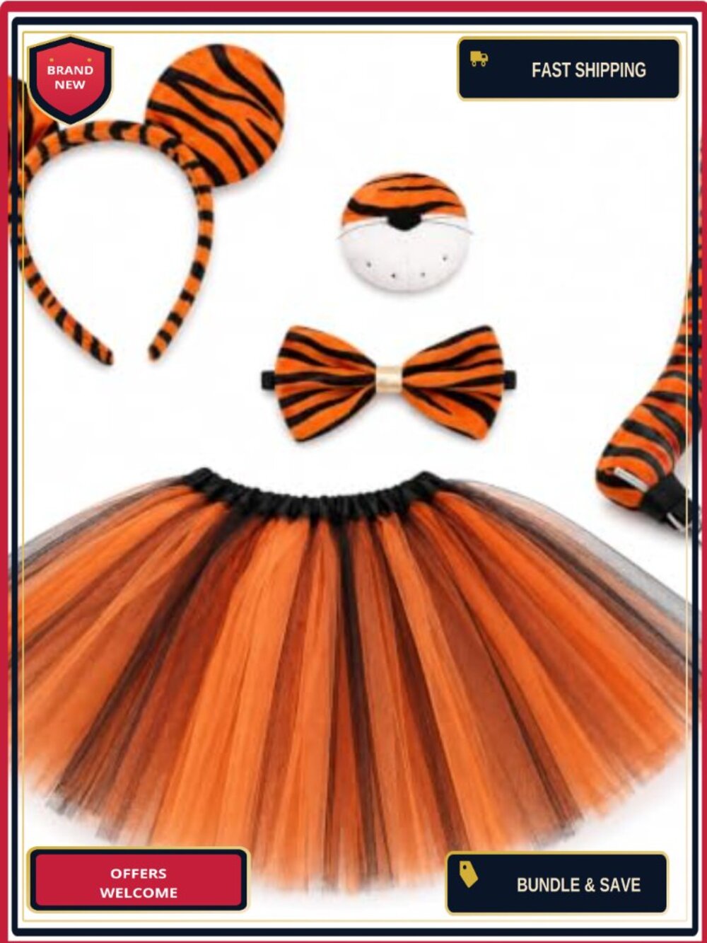 5 Piece Tiger Costume Set Adults Headband Tail Nose Bow Tie Tutu
